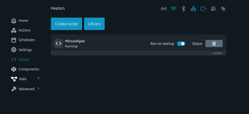 Shellyn Scripts-näkymä, jossa Porssiohjain-skripti on käynnissä